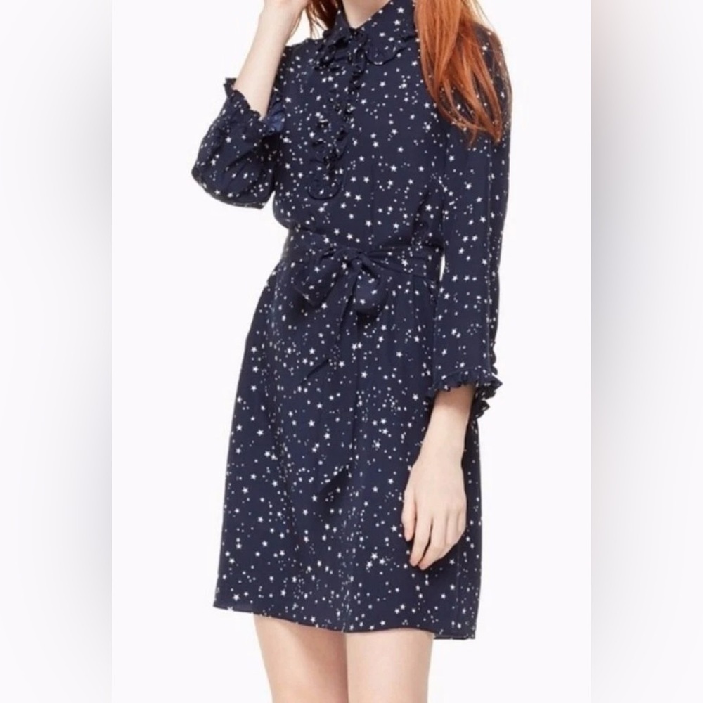 Kate Spade Navy Blue Star Bright Night Sky Silk Shirtdress Belted Ruffle Size XS